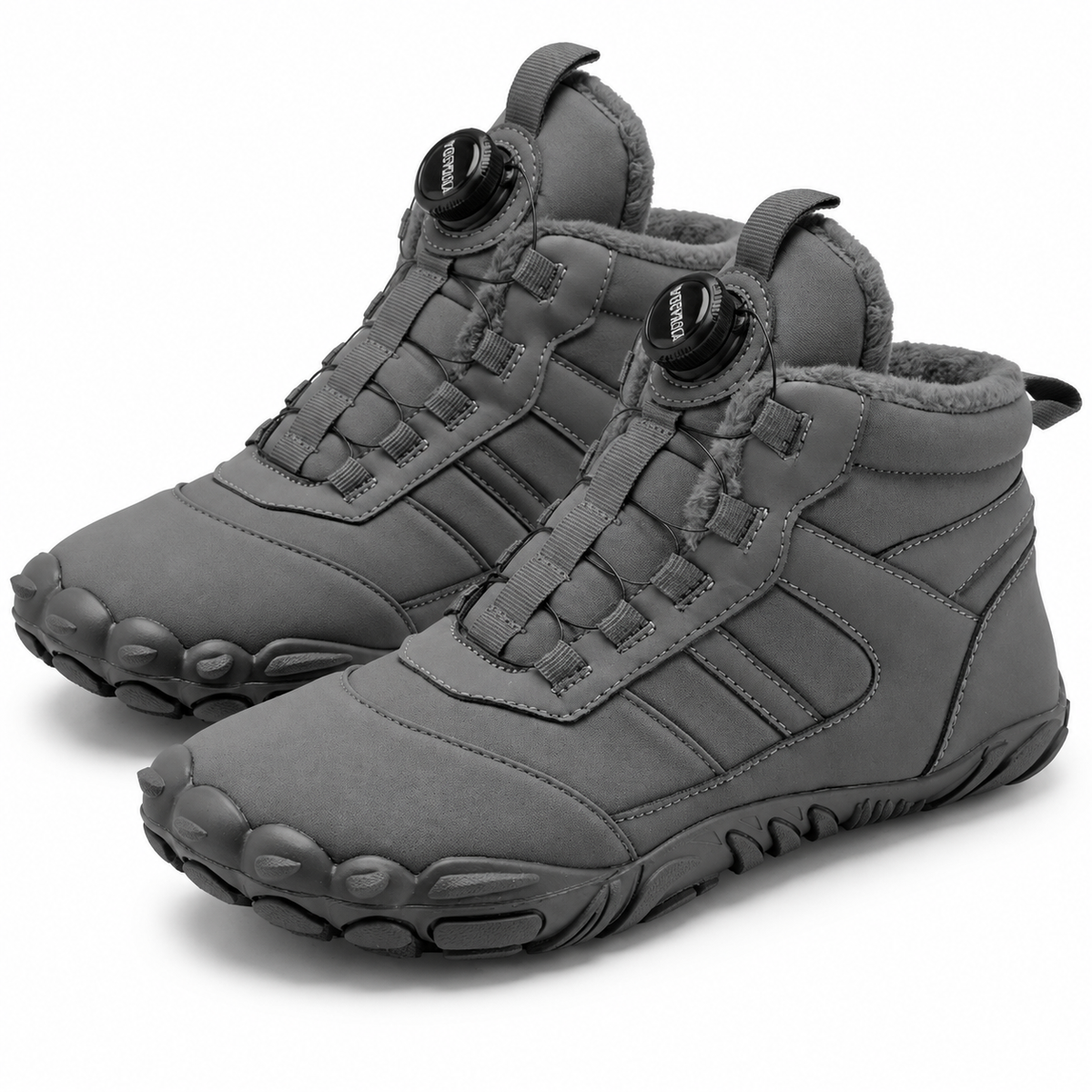 Unisex barefoot snow boots with a dial closure and a wide toe box in grey