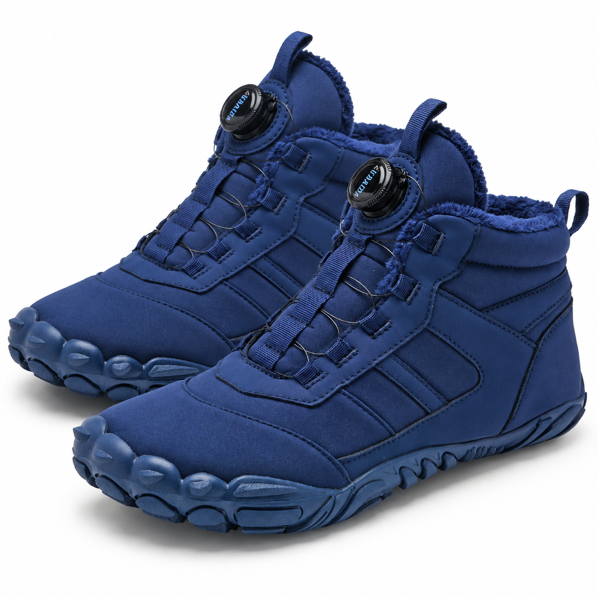 Unisex barefoot snow boots with a dial closure and a wide toe box in navy