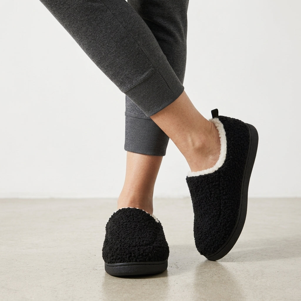 Unisex sherpa loafer slippers with a fleece collar and a heel tab