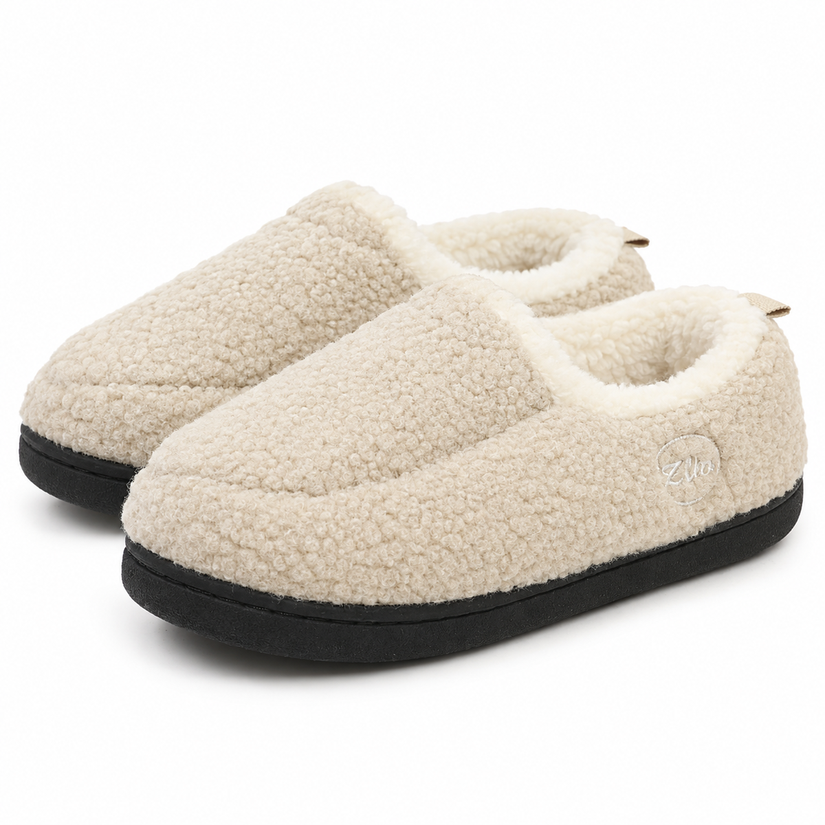 Unisex sherpa loafer slippers with a fleece collar and a heel tab in beige