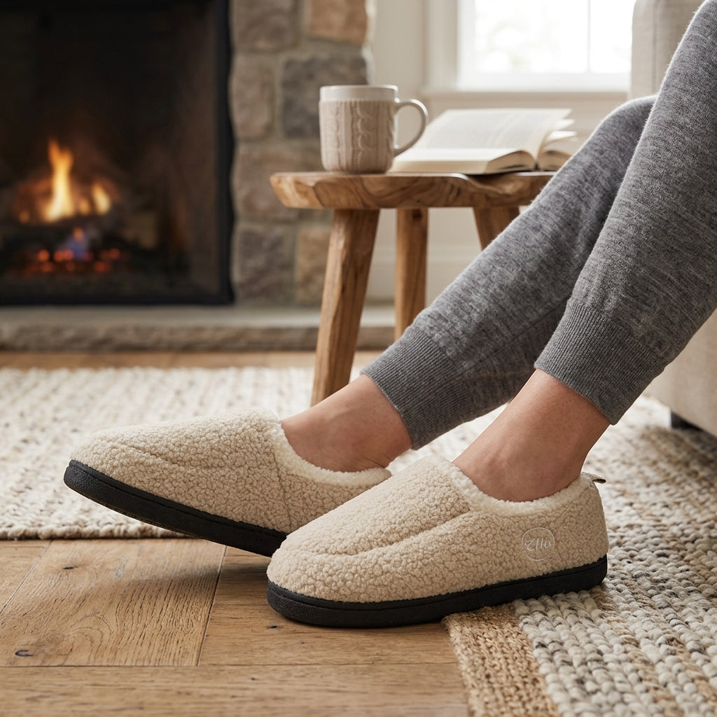 Unisex sherpa loafer slippers with a fleece collar and a heel tab