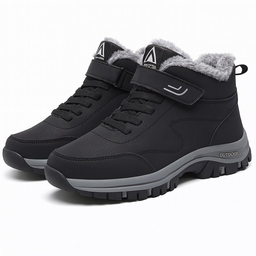 Unisex winter boots with a velcro strap over the lace and a fur lining in black