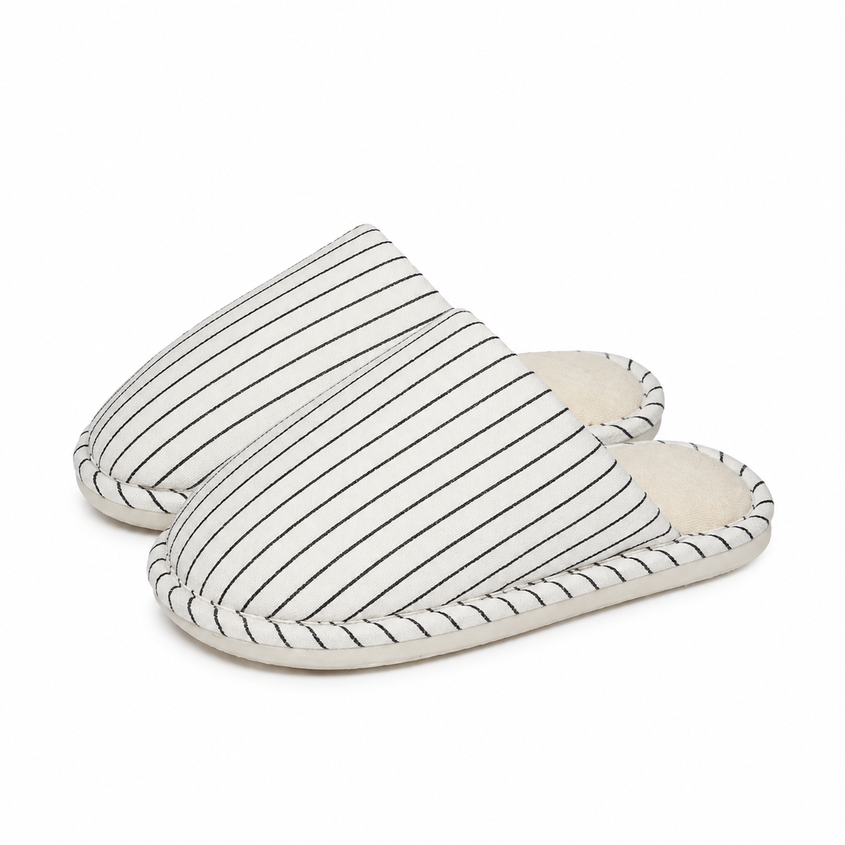 Unisex pinstriped mule slippers with a soft lining and a piped edge in white