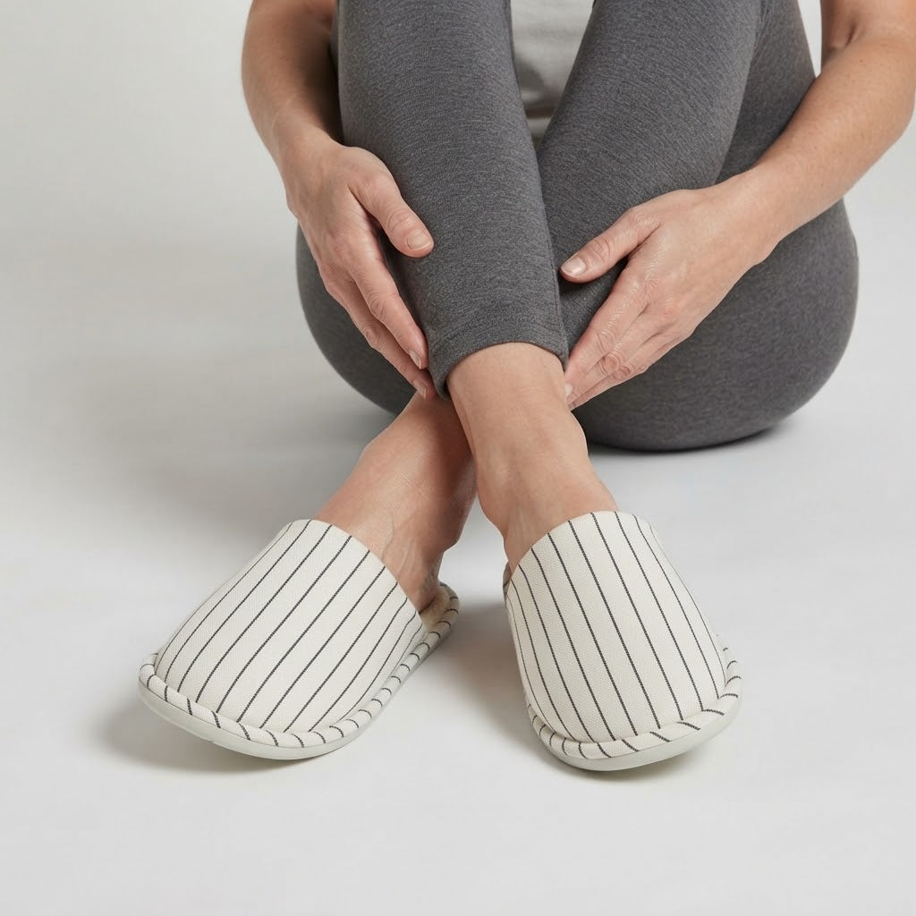 Unisex pinstriped mule slippers with a soft lining and a piped edge