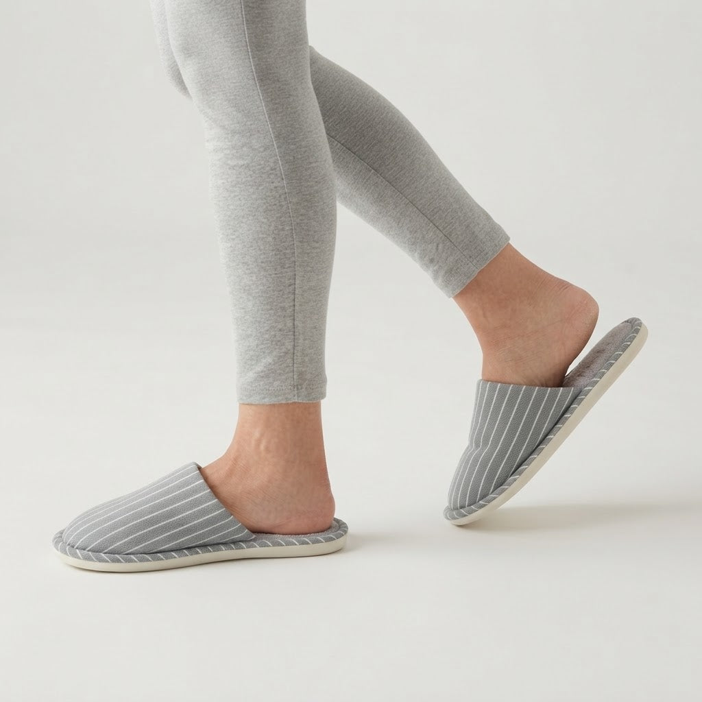 Unisex pinstriped mule slippers with a soft lining and a piped edge