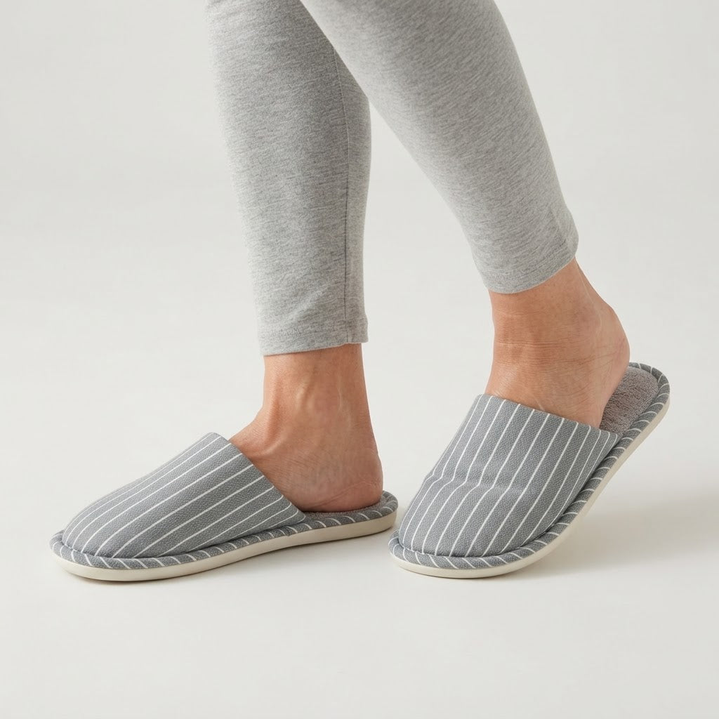 Unisex pinstriped mule slippers with a soft lining and a piped edge