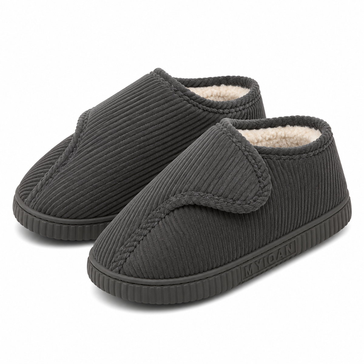 Unisex corduroy house shoes with an adjustable strap and a fleece lining in grey