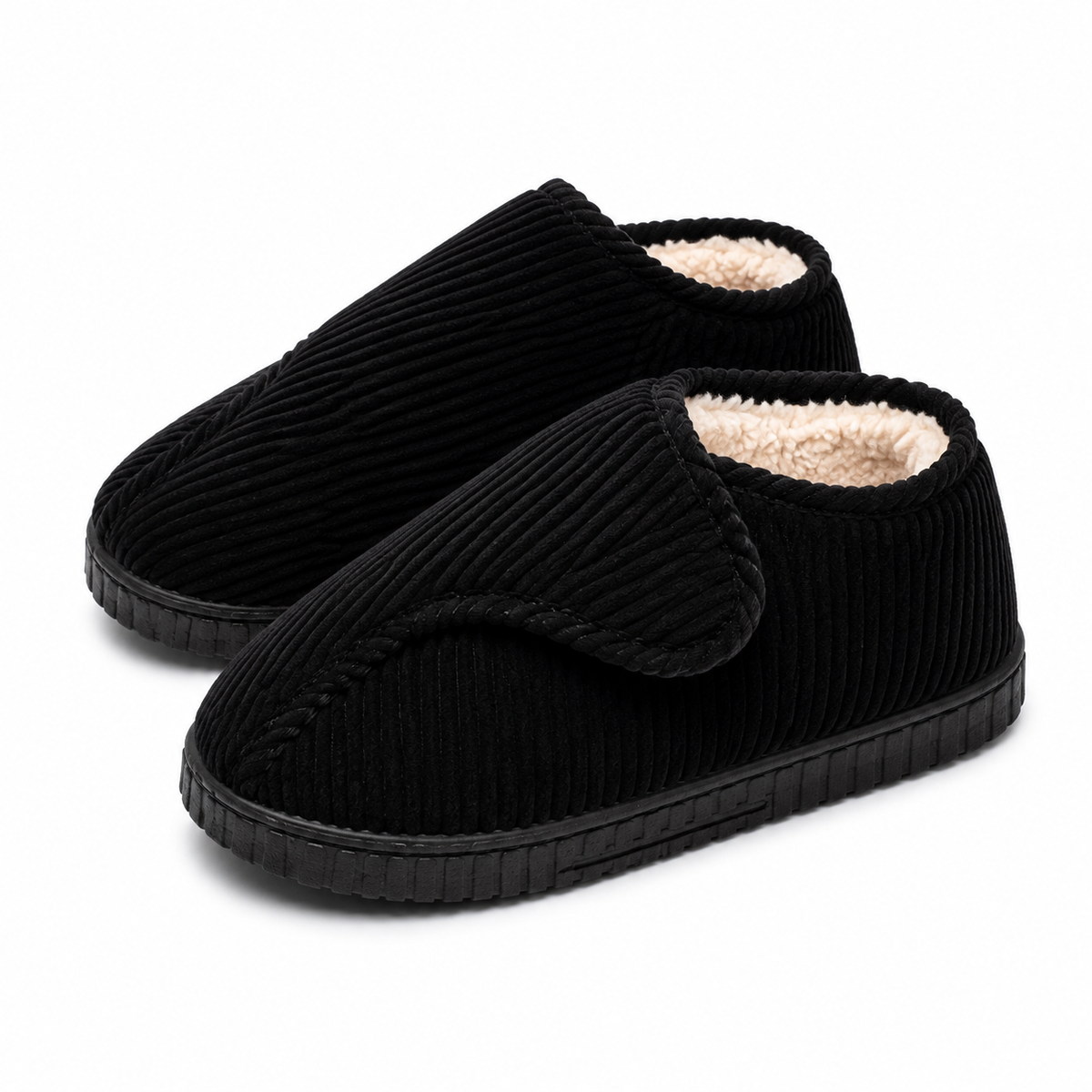 Unisex corduroy house shoes with an adjustable strap and a fleece lining in black