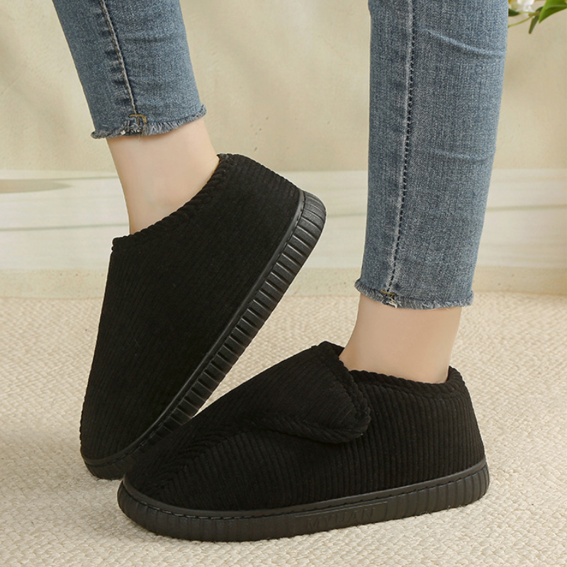 Unisex corduroy house shoes with an adjustable strap and a fleece lining