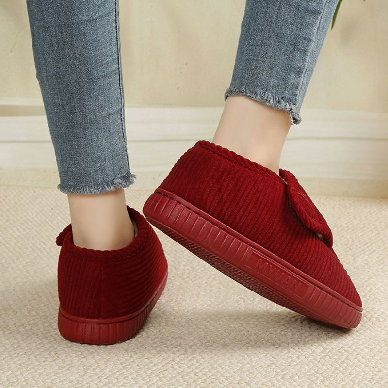 Unisex corduroy house shoes with an adjustable strap and a fleece lining