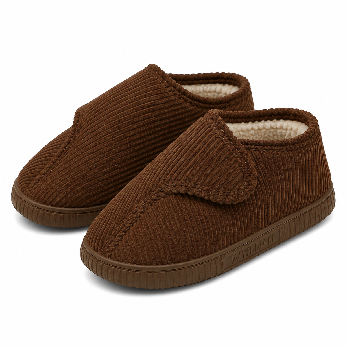 Unisex corduroy house shoes with an adjustable strap and a fleece lining in brown