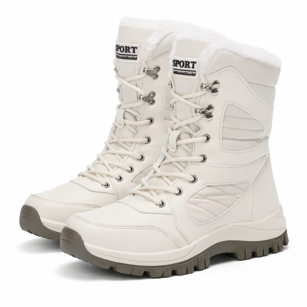 High snow boots with a faux fur cuff and a deep lug sole in white