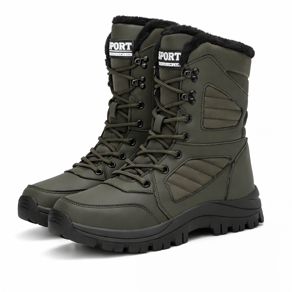 High snow boots with a faux fur cuff and a deep lug sole in army green