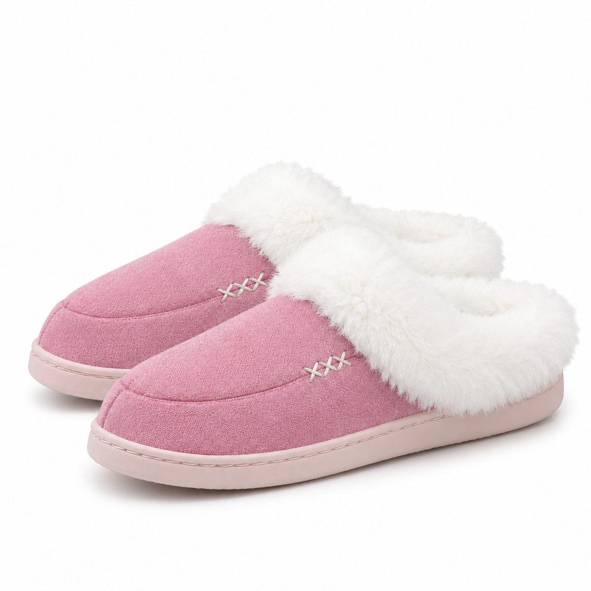 Women's slippers with a deep faux fur cuff and a cross-stitch detail in pink