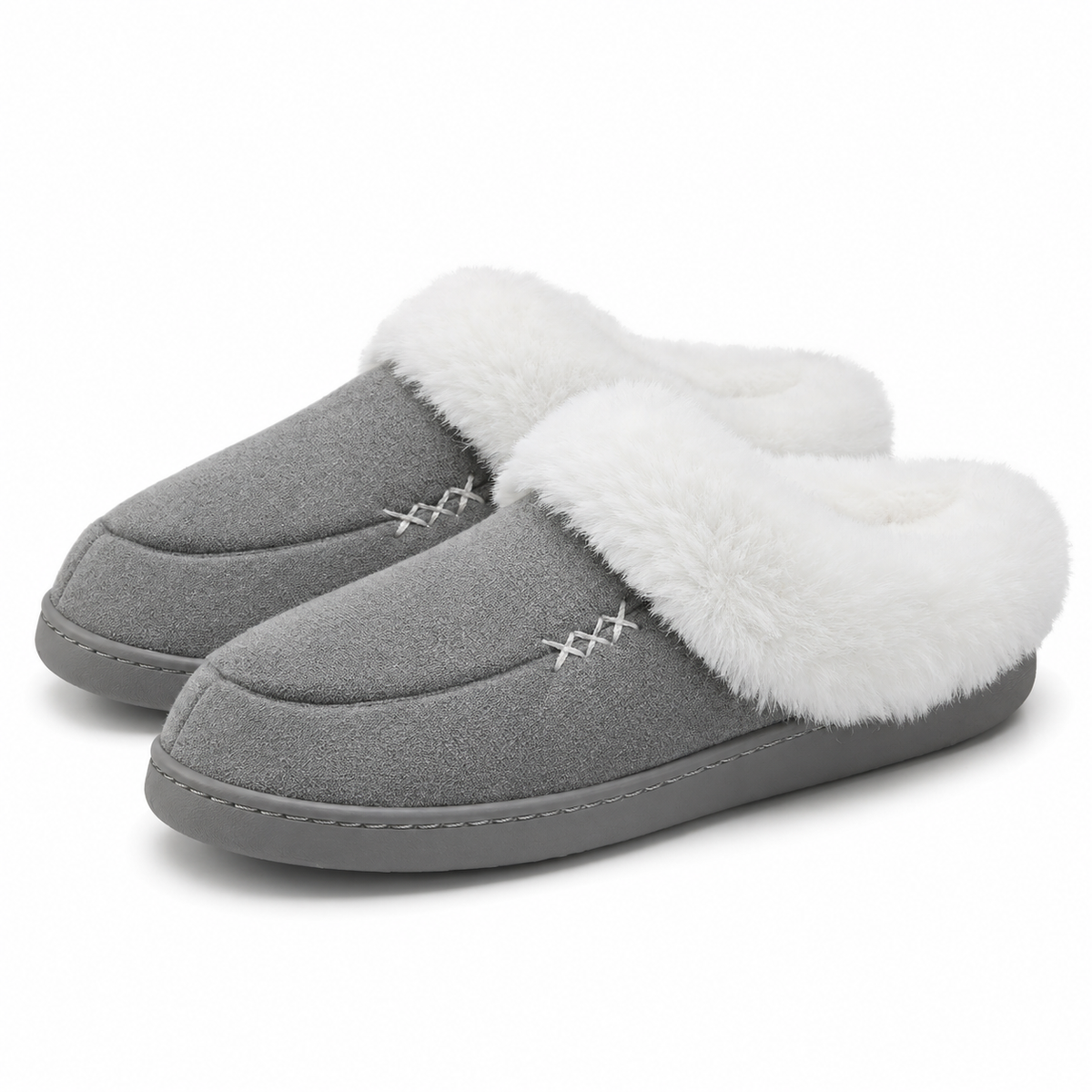 Women's slippers with a deep faux fur cuff and a cross-stitch detail in grey