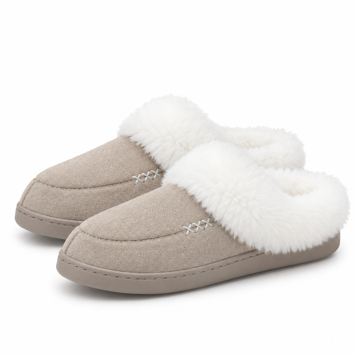 Women's slippers with a deep faux fur cuff and a cross-stitch detail in taupe