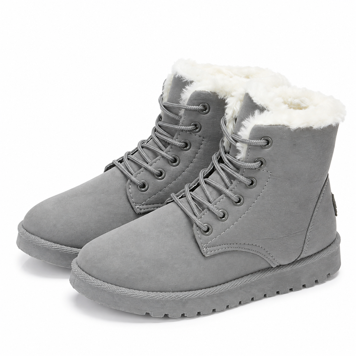 Lace-up winter ankle boots in a suede look with a faux fur collar in grey