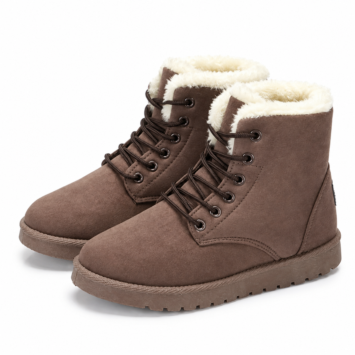 Lace-up winter ankle boots in a suede look with a faux fur collar in brown