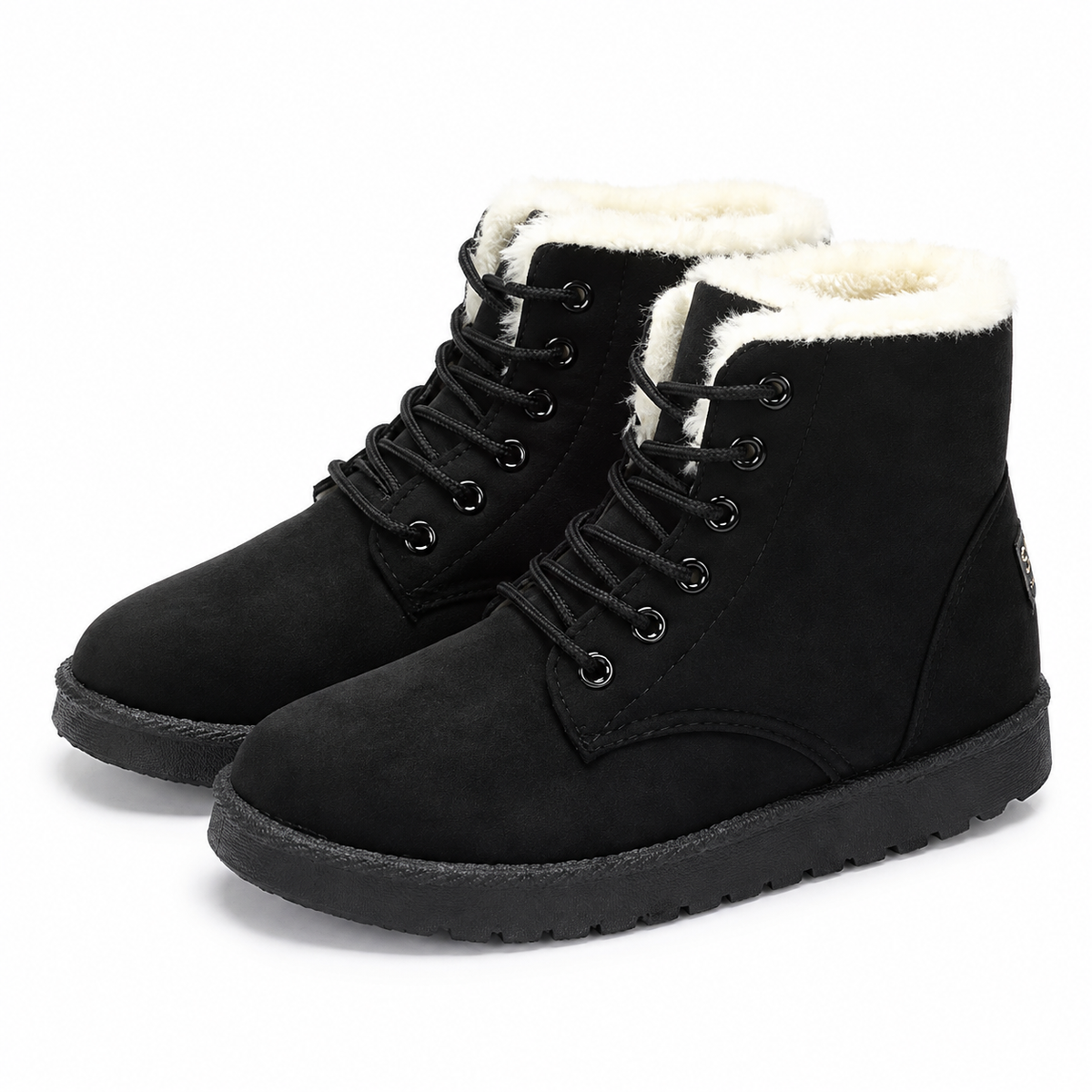Lace-up winter ankle boots in a suede look with a faux fur collar in black