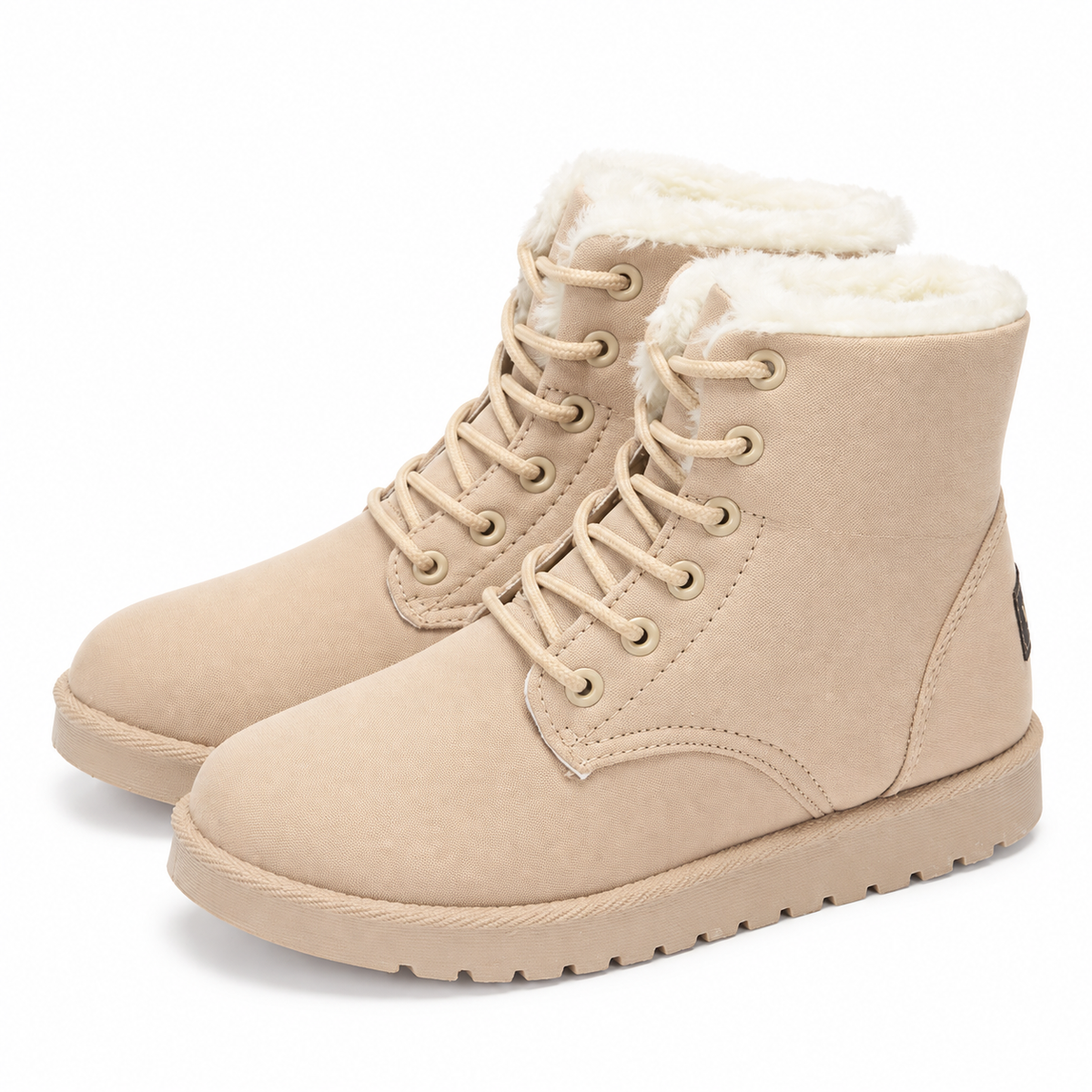 Lace-up winter ankle boots in a suede look with a faux fur collar in beige