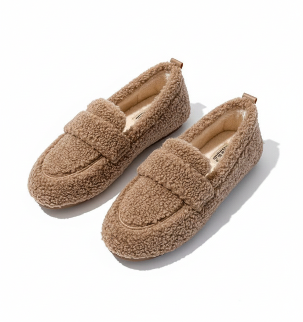 Women's teddy fleece loafer slippers with a wide band and a lug sole in khaki