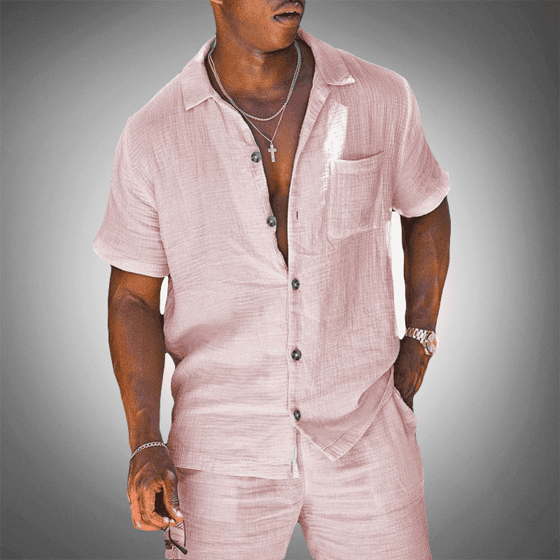 Men's Linen-Blend Co-Ord Set - Breathable Shirt & Shorts in Beige — detail view