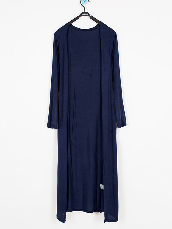 Light longline cardigan hanging open with dropped shoulders in navy