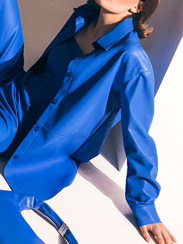 Soft faux leather overshirt with a shirt collar and button front