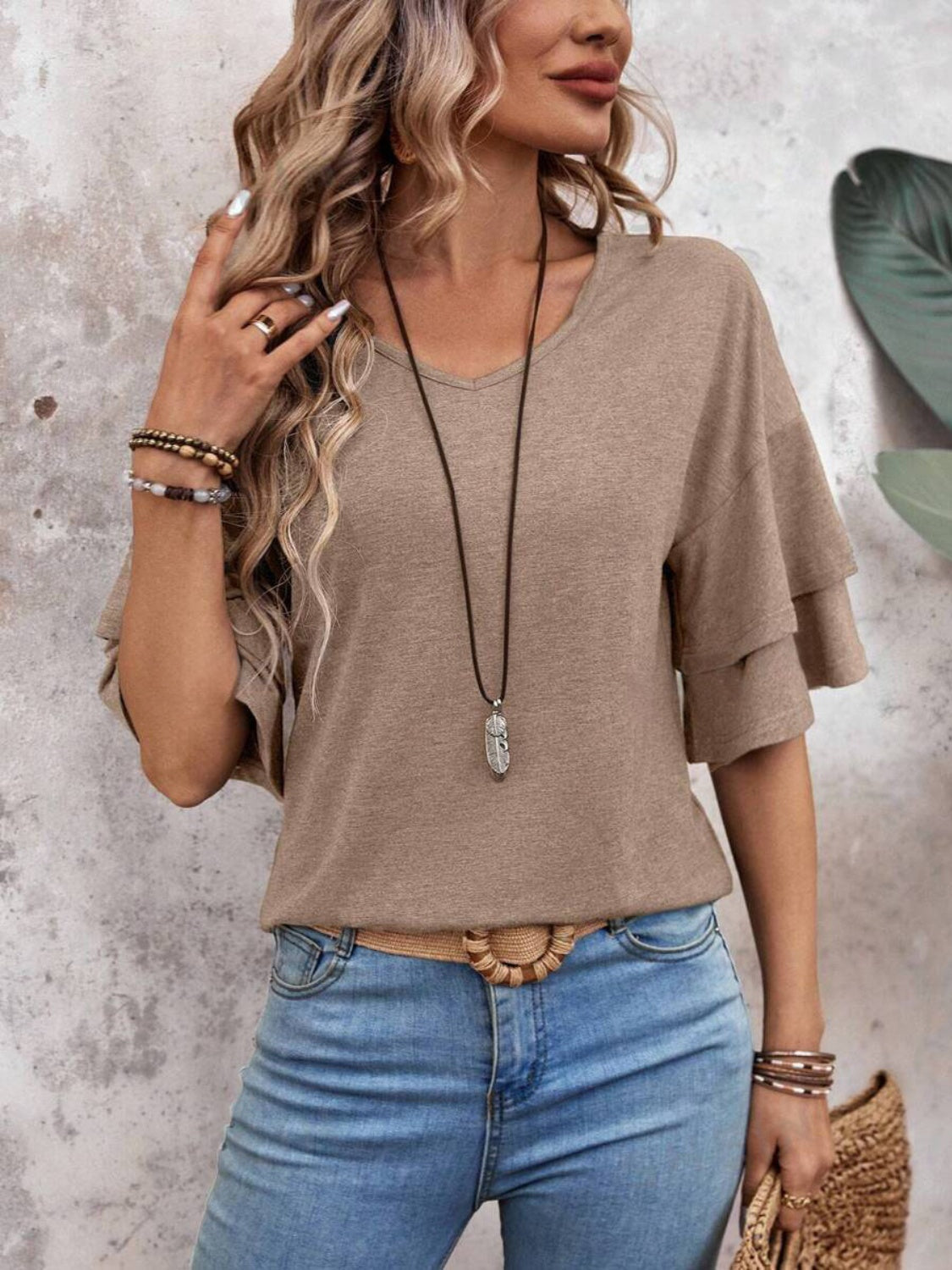 Women's layered flutter sleeve blouse - detail