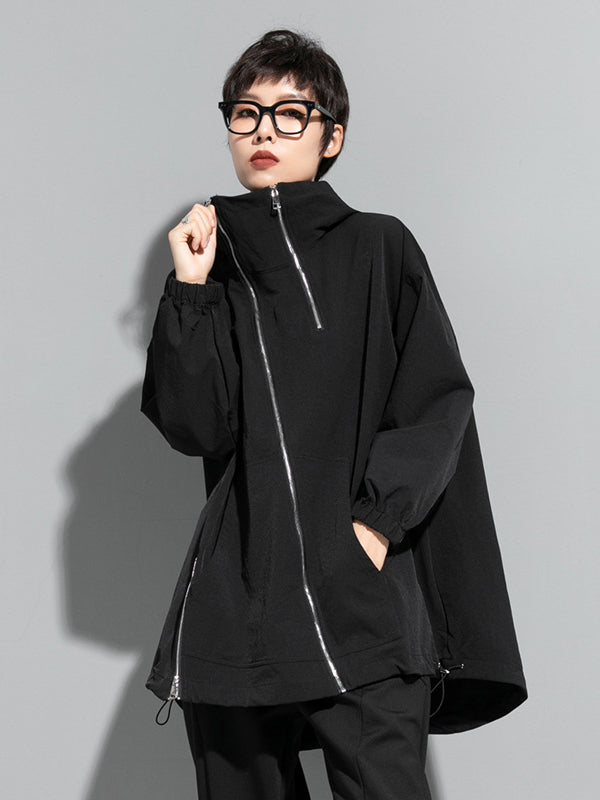 Oversized black hooded jacket with an off-centre zip and drawstring hem in black