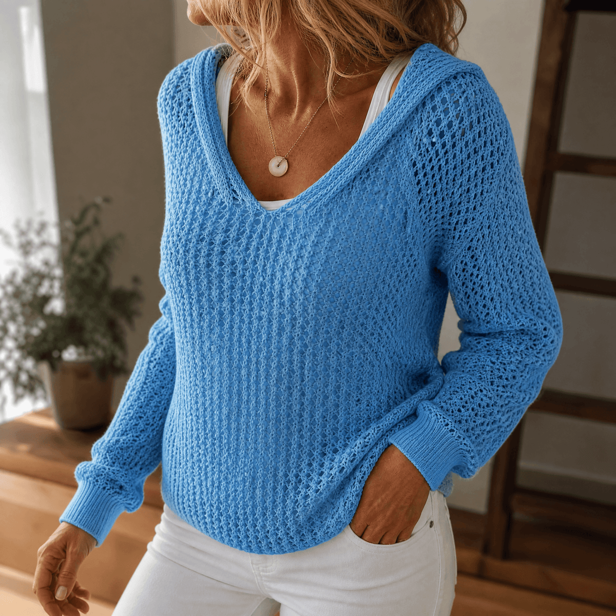 Women's open knit hooded jumper in Sky Blue