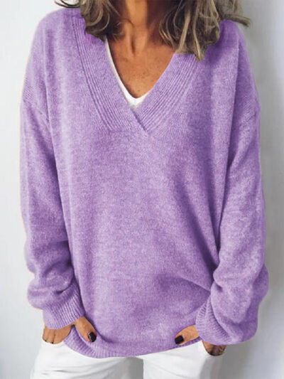 Women's V-neck dropped shoulder jumper in Lavender