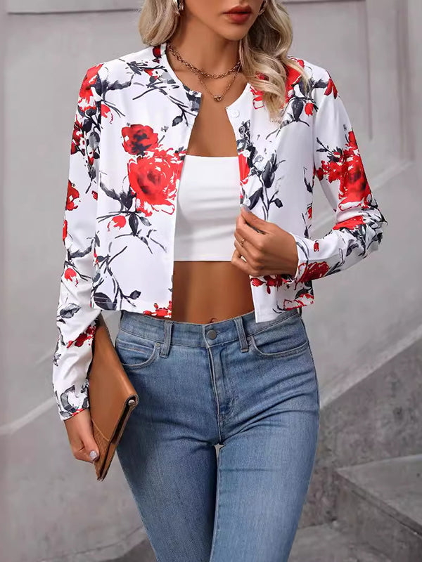Cropped jacket printed with red roses on white with an open front
