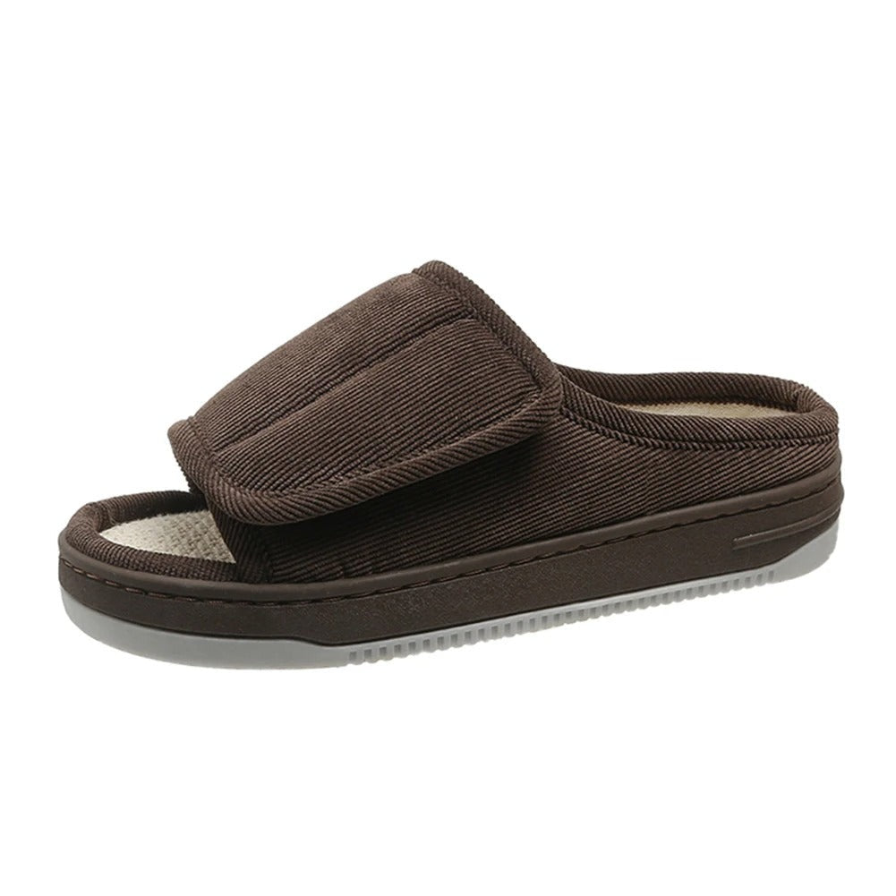 Diabetic slippers in corduroy with touch fastening and an open toe - brown