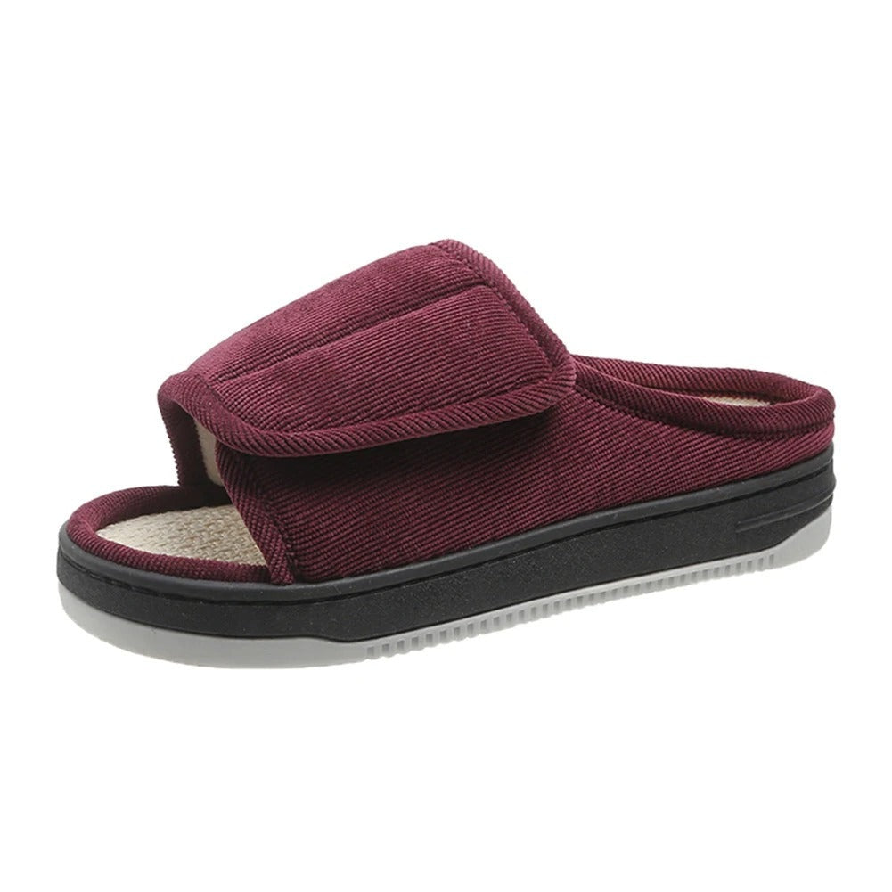 Diabetic slippers in corduroy with touch fastening and an open toe - burgundy