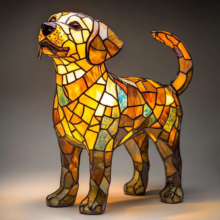 Dog lamp in a stained glass look with coloured panels in orange, yellow, red and blue - labrador
