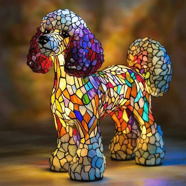 Dog lamp in a stained glass look with coloured panels in orange, yellow, red and blue - poodle