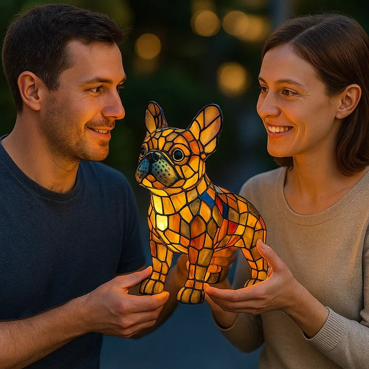 Dog lamp in a stained glass look with coloured panels in orange, yellow, red and blue