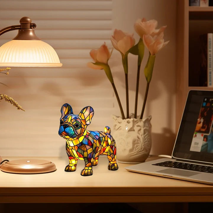 Dog lamp in a stained glass look with coloured panels in orange, yellow, red and blue