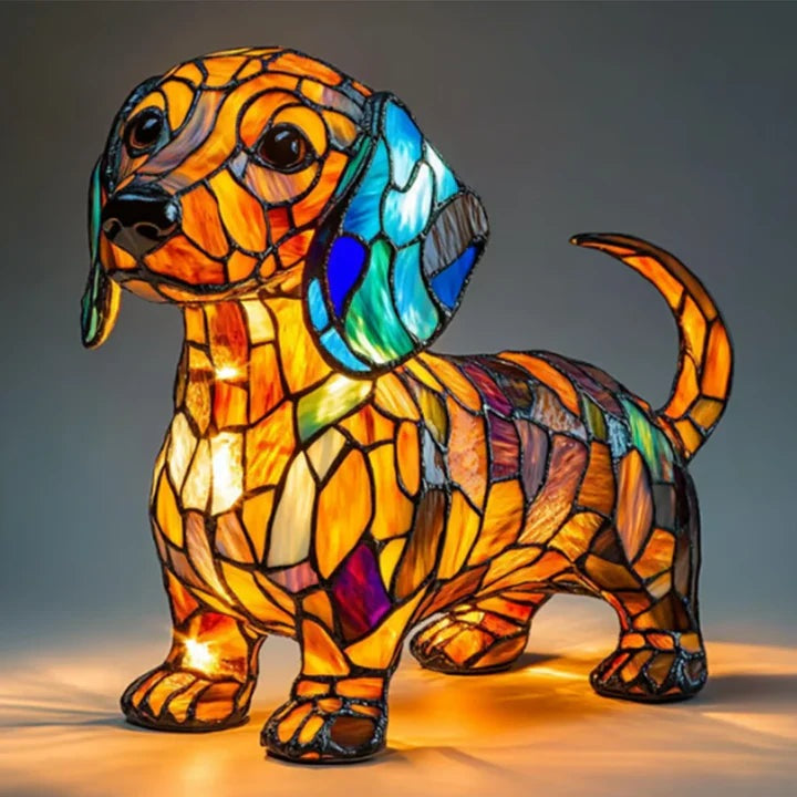 Dog lamp in a stained glass look with coloured panels in orange, yellow, red and blue - dachshund