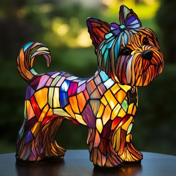 Dog lamp in a stained glass look with coloured panels in orange, yellow, red and blue - yorkshire terrier