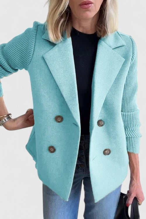 Women's double-breasted blazer with rib knit sleeves - aqua blue