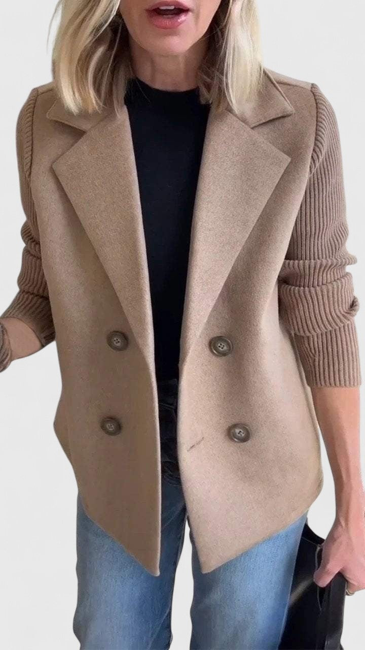 Women's double-breasted blazer with rib knit sleeves - camel