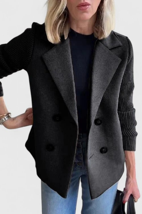 Women's double-breasted blazer with rib knit sleeves - black