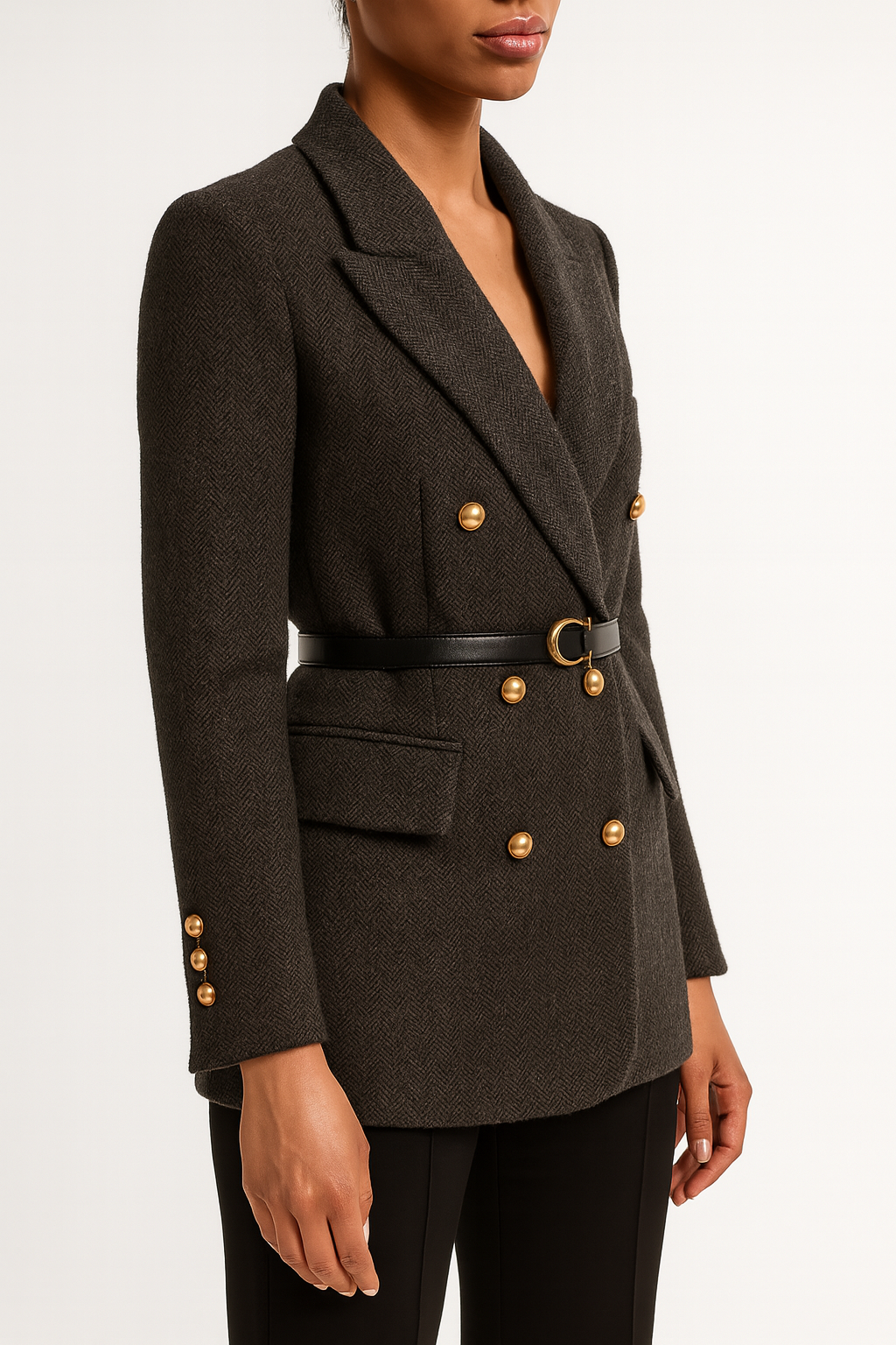 Women's double-breasted herringbone blazer with a belt