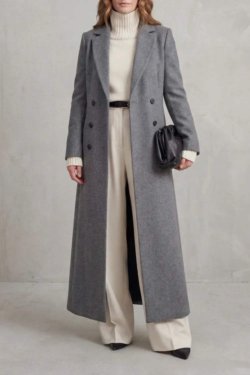 Women's double-breasted maxi coat in wool look with notch lapels, falling to the ankle - grey marl