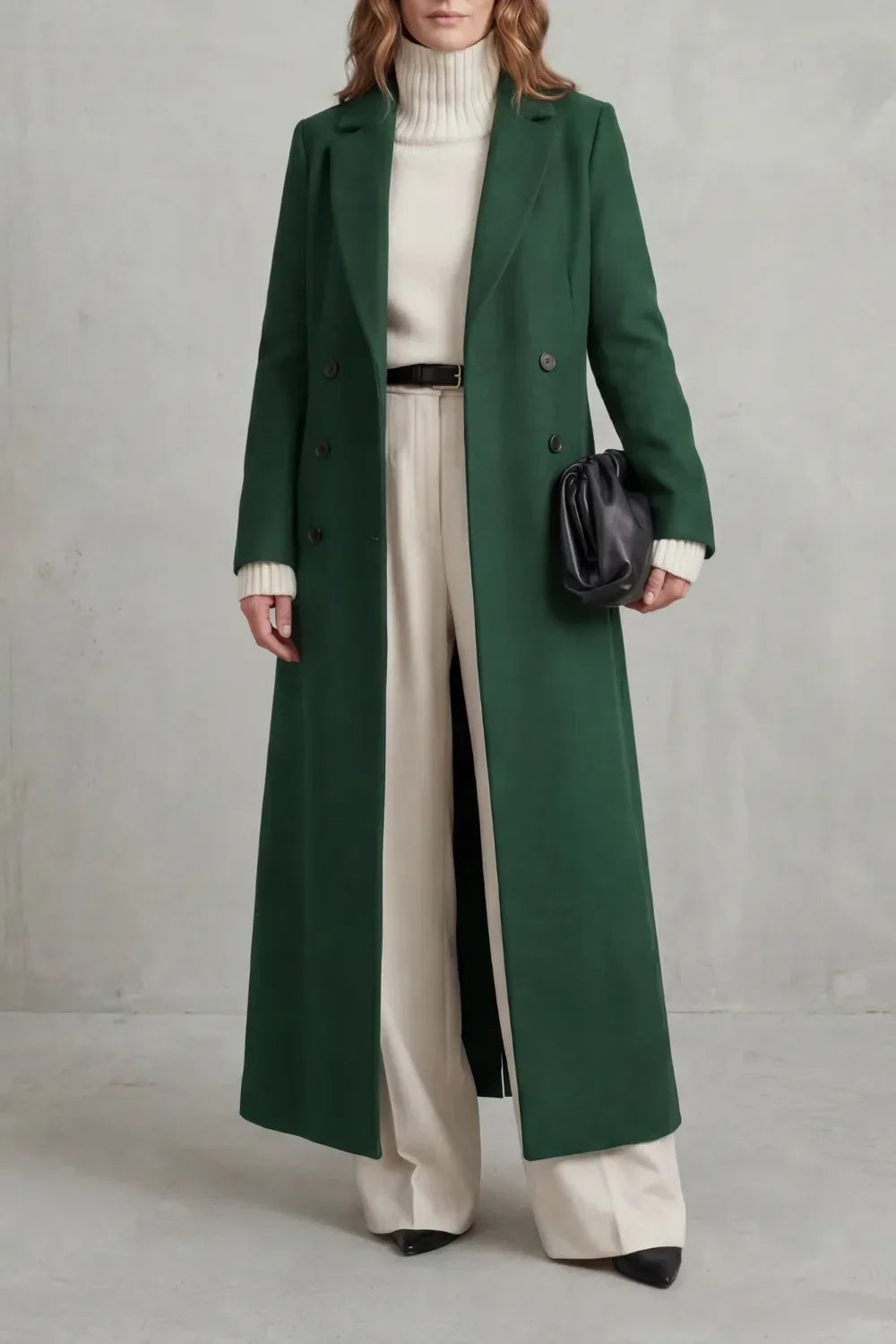 Women's double-breasted maxi coat in wool look with notch lapels, falling to the ankle - bottle green