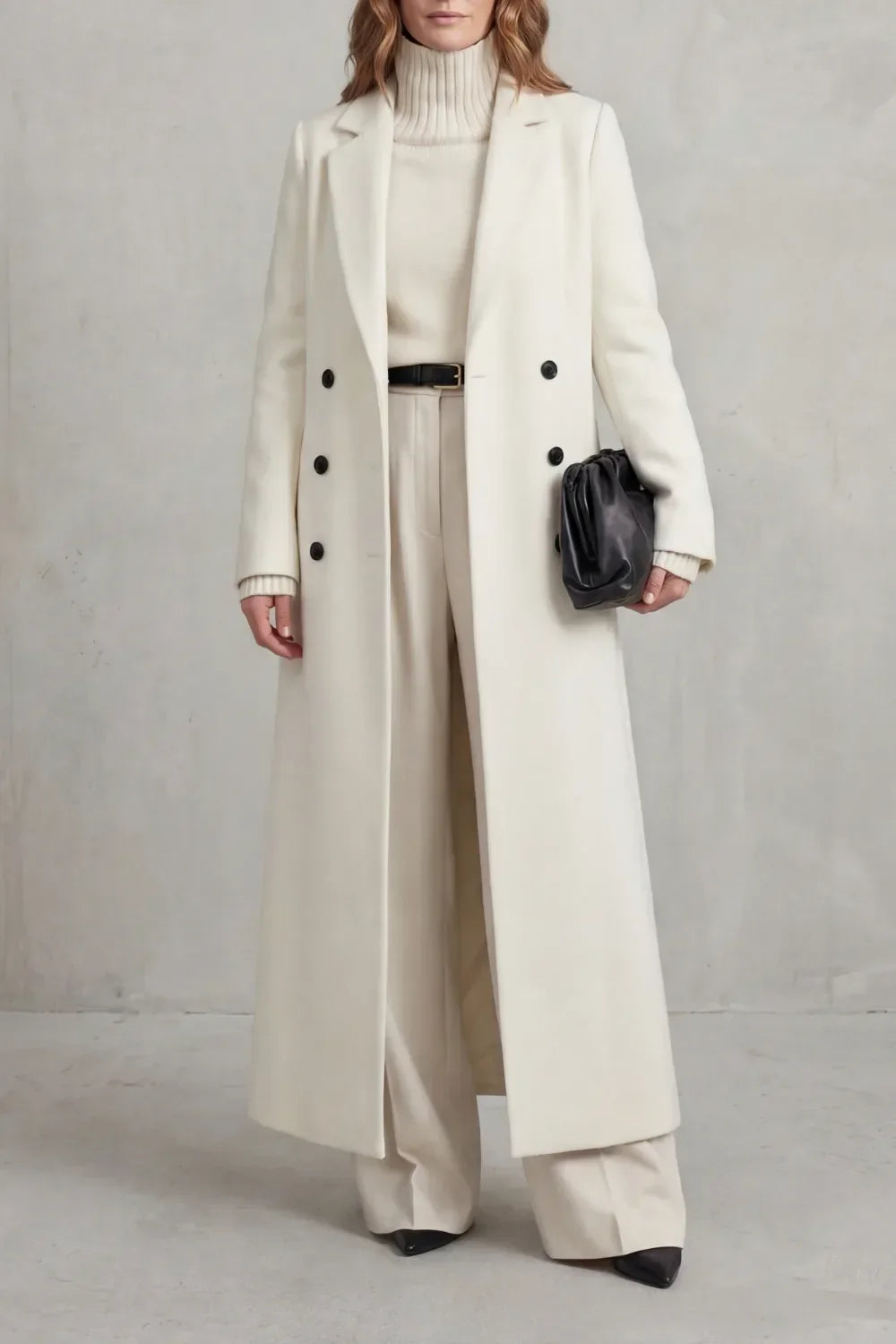 Women's double-breasted maxi coat in wool look with notch lapels, falling to the ankle - ivory