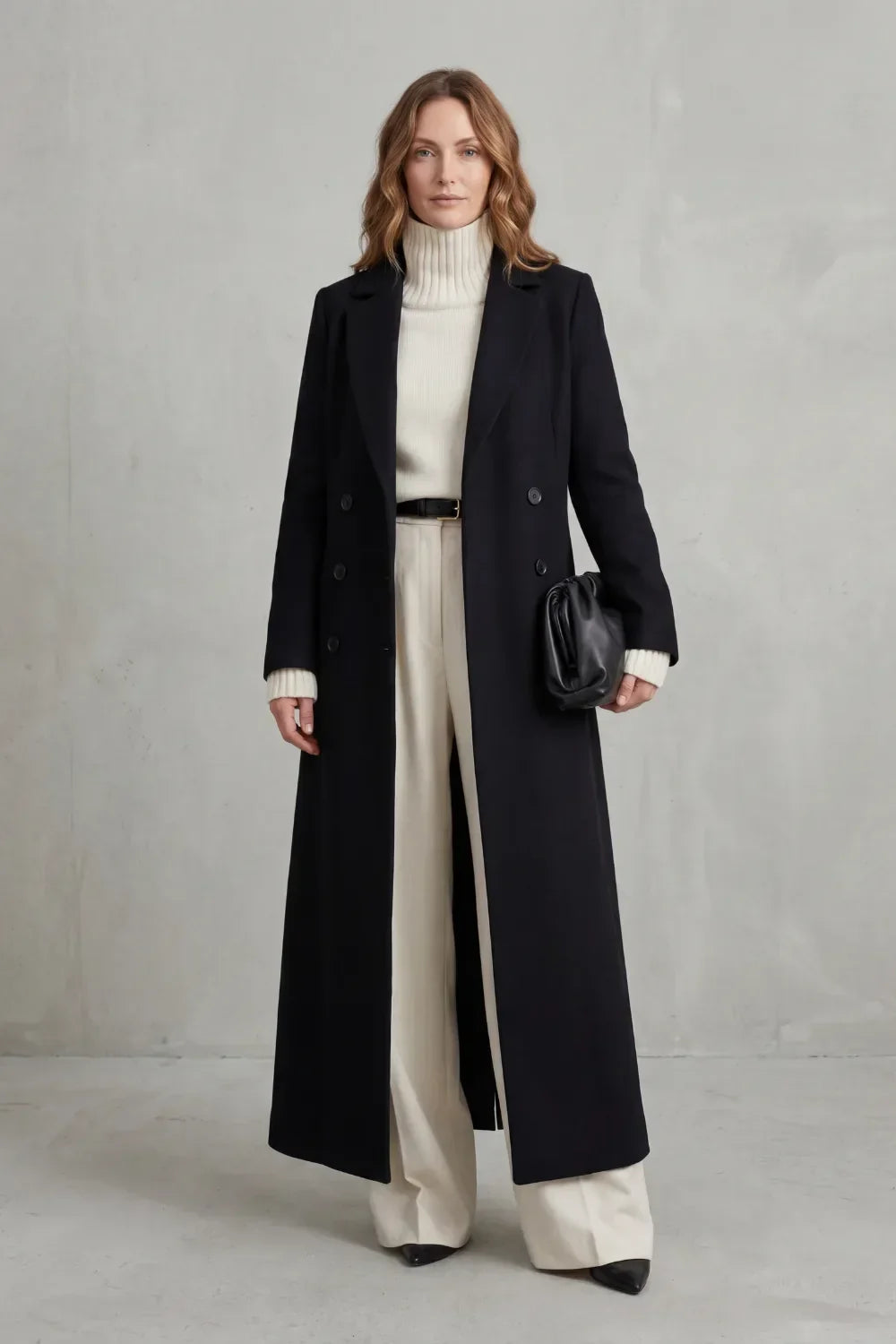 Women's double-breasted maxi coat in wool look with notch lapels, falling to the ankle