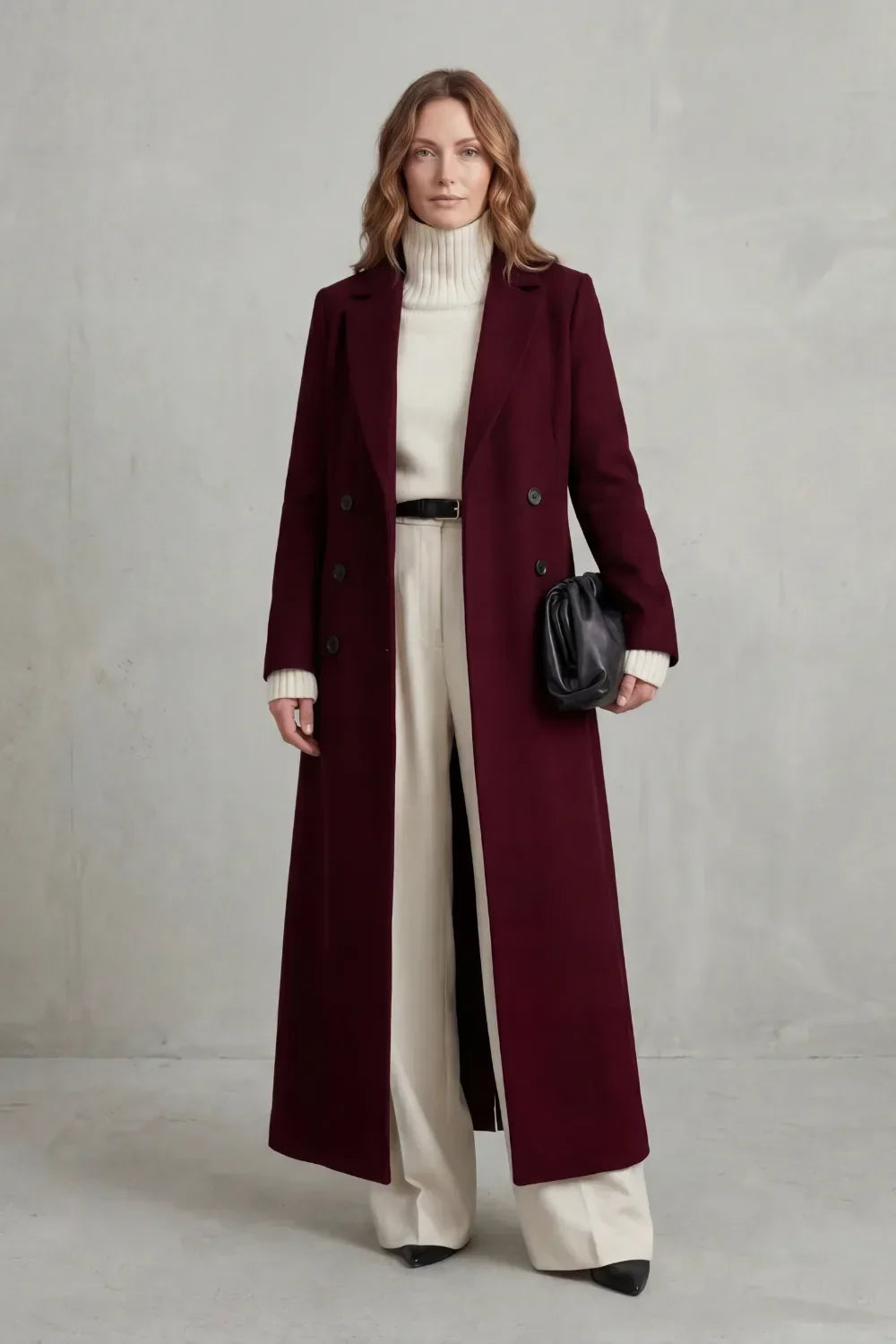 Women's double-breasted maxi coat in wool look with notch lapels, falling to the ankle